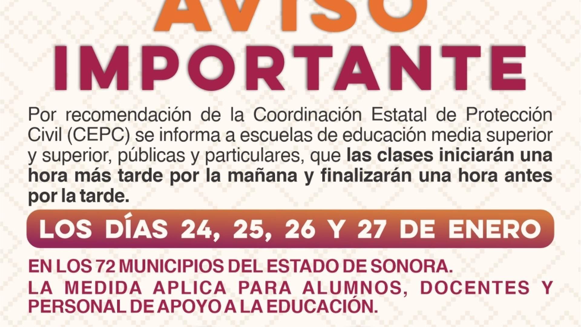 Amplía Protección Civil recomendación de modificar horario de clases en prepas y universidades: SEC