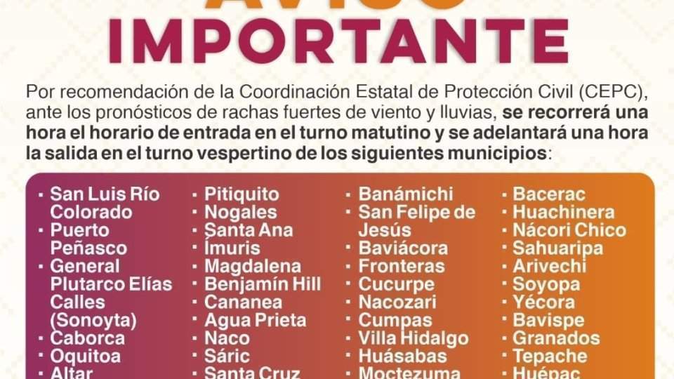 Recomienda Protección Civil modificación de horario escolar en 45 municipios: SEC